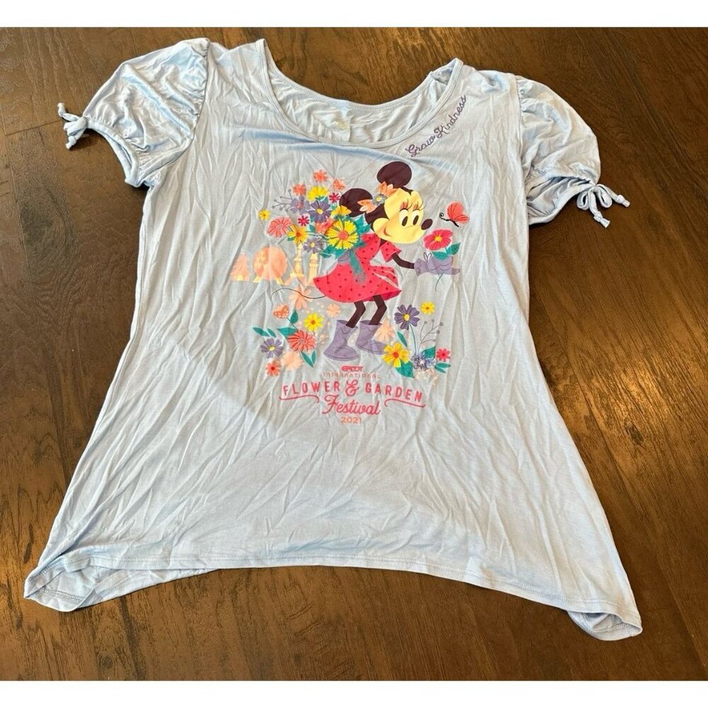 Disney Blouse Women large Minnie Mouse Flower Festival Epcot 2021 Flare‎ Shirt